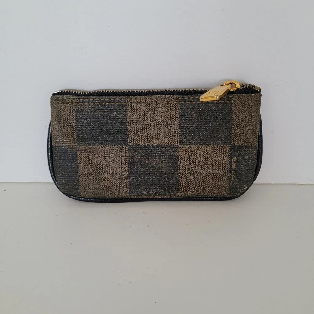 Fendi Zucca Canvas Key Pouch Brown Black Monogram Coin Case Wallet Italy